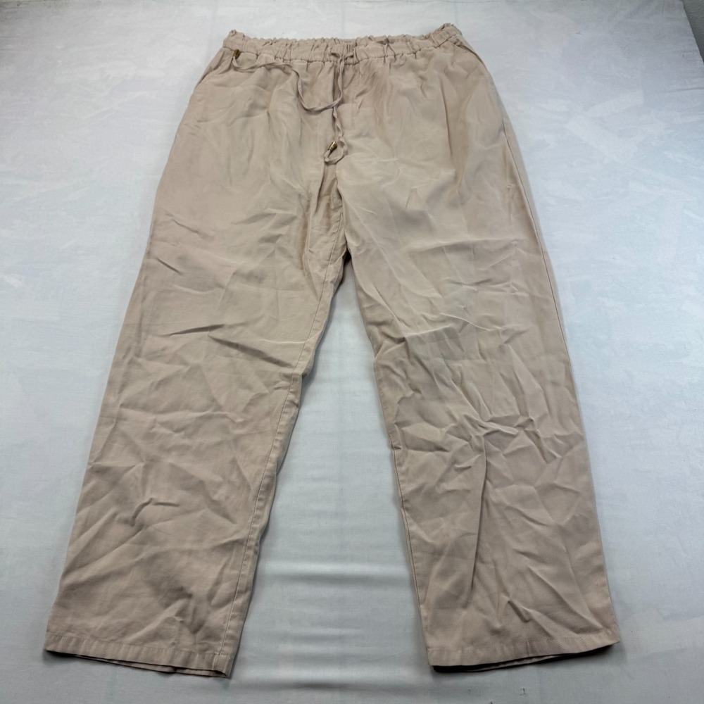 MNG Pants Women XL Beige Drawstring High Rise Paperbag Waist Wide Leg Drawstring